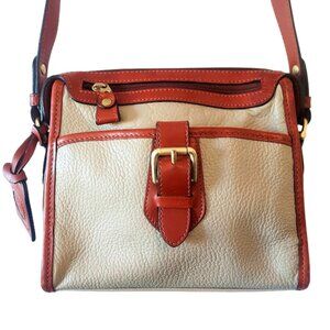 Vintage 80s Liz Claiborne Shoulder Cross Bag Leather Clasp Cream Brown Handbag